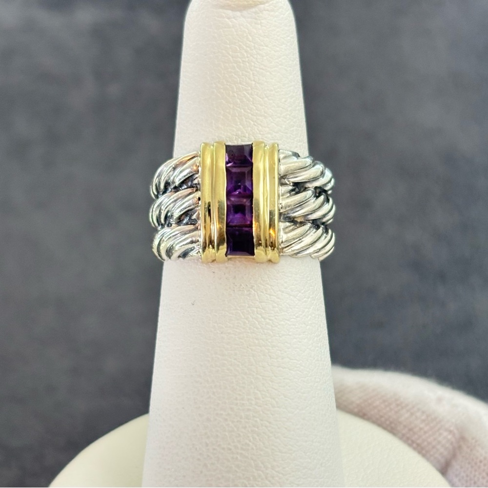 David Yurman 925 & 14k Gold Triple Cable Ring with Amethyst 5.5